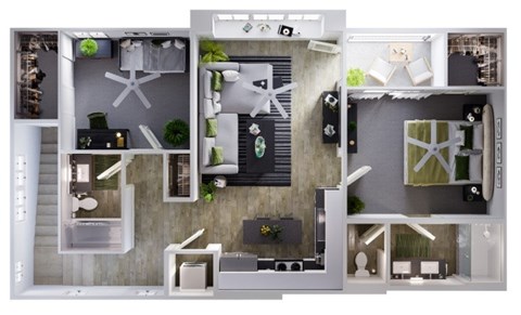 A 3D floor plan of a house with a kitchen, living room, and bathroom.